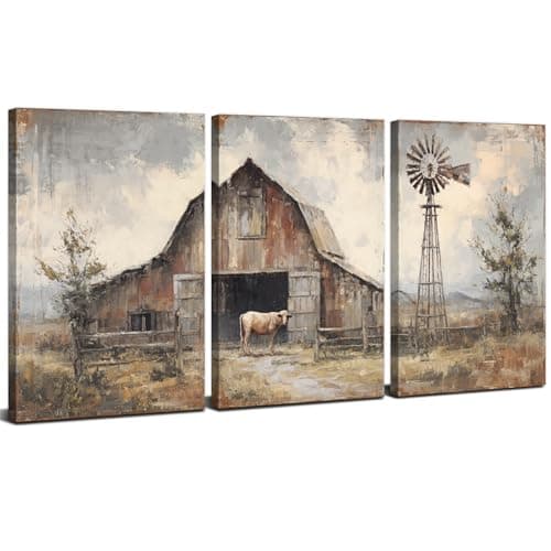 Vintage Farmhouse Wall Art Rustic Barn Pictures Wall Decor for Living Room Western Cow Painting Poster Rural Country Canvas Prints Nature Landscape Canvas Artwork Bedroom Home Decorations 12x16" 3Pcs