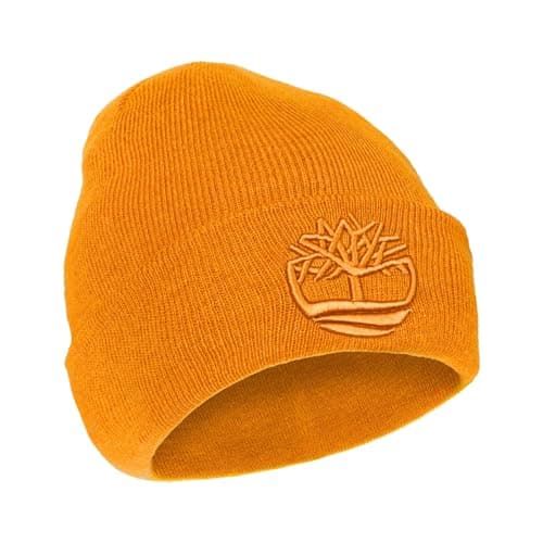Timberland Men’s Tonal 3D Embroidery Beanie – Soft Knit Winter Hat, Raised Logo, Warm Stretch Fit for Cold Weather Wear, Dark Cheddar, One Size