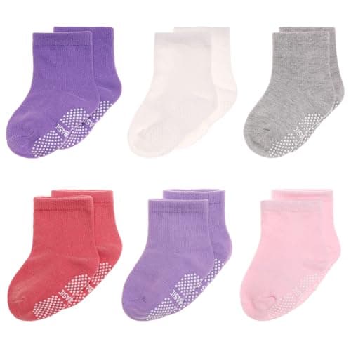 AMENLAN Toddler Non Slip Grips Socks Kids Anti Skid Baby Boys Girls Cotton Crew Socks 12 Pairs (6 Pairs Pink B, 3-5 Years)