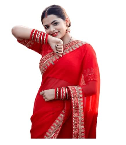 Sidhidata Textile Women's Lace Bordered Georgette Saree With Unstitched Blouse Piece(karwa Chauth Redd_Red_Free Size)