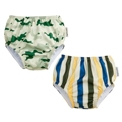 Tiny Twinkle Pull-Up Reusable Swim Diapers 2-Pack | Waterproof and UPF 50+ Sun Protection | Lightweight and Absorbent | Machine Washable(Camouflage,Retro Stripe,12-18M