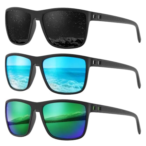 Fanshen Square Polarized Sunglasses for Men, 3 Pack Lightweight UV Protection Sun Glasses for Driving Fishing Golf (Black/Ice Blue/Green)