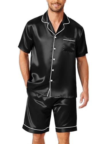 Ekouaer Pajamas for Men Silk Satin Pjs Summer Short Sleeve Sleepwear Comfort Loungewear with Pockets,Black,L