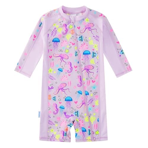 Baby Girl Swimsuit Toddler Girl Swimwear with Full Zipper UPF 50+ Sun Protection Long Sleeve Baby Girl One Piece Bathing Suit (Purple Octopus, 12-18 Months)