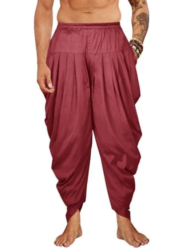 PASLTER Mens Kaftan Linen Cotton Pants Casual Kurta Elastic Waist Harem Baggy Yoga Pants Loose Fit Boho Hippie Trousers Red