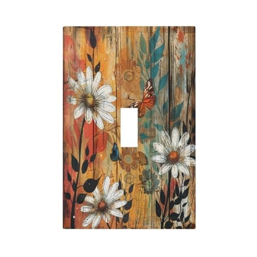 Spshian Light Switch Cover Plate Vintage Wooden Daisies Butterflies Floral 1 Gang Single Toggle Decorative Switch Plates Wall Plates Electrical Faceplate for Bathroom Farmhouse Decor