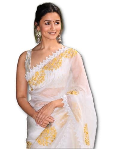Sidhidata Women's Printed Pure Georgette Saree With Unstitched Blouse Piece (Rocky Aur Rani Ki Prem Kahani Saree) (White)