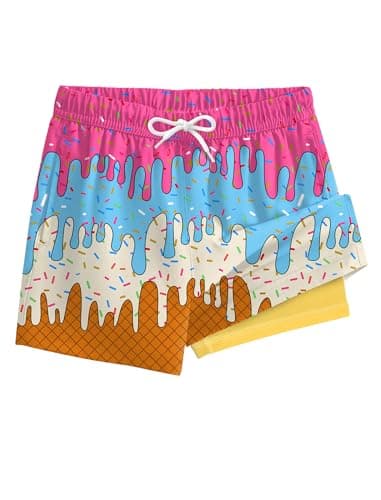SILKWORLD Boys Swim Trunks with Compression Liner Casual Bathing Suit for Kids Swim Shorts 5-16 Years, Colorful Ice Cream, 5-6 Years
