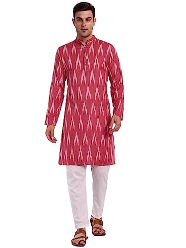 SKAVIJ Men's Pure Cotton Printed Kurta Pajama Set Ikat Design Casual Ethnic Dress (KP118red_Red_S)
