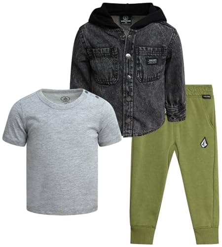 Volcom Baby Boys Pants Set - 3 Piece Sherpa Lined Soft Fleece Shacket Short Sleeve Graphic Tee & French Terry Jogger Pants, Size 12 Months, Black Wash