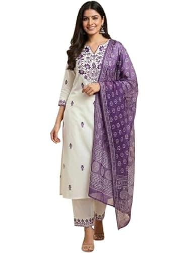 DREAMANGEL FASHION Womens Pure Cotton Ethnic Motifs Embroidered Tunic Straight Kurta With Trousers And Dupatta (US, Alpha, X-Large, Regular, Regular, Off White)