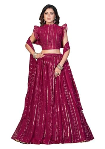 Indya Women's Dark Pink Georgette Sequin Embroidered Sleeveless Lehenga Set