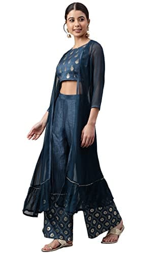 Janasya Indian Women's Teal Foil Print Festive Wear Kurta Set for Women