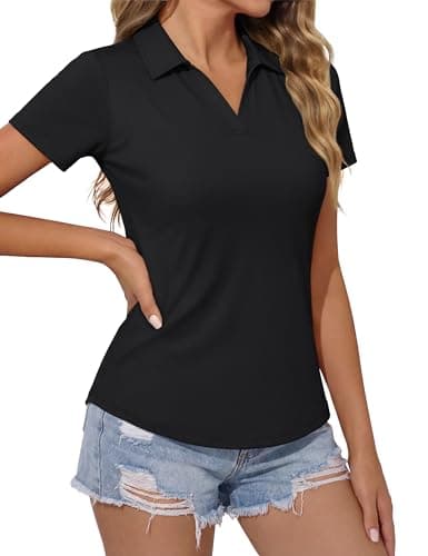 MAGCOMSEN Polo Shirts for Women Moisture Wicking Short Sleeve Golf Tennis Shirts V Neck Collared Workout Tops Black M