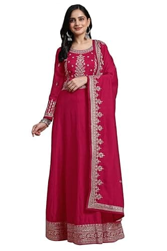 TRENDMALLS Vichitra Silk Embroidery Anarkali Kurta Pant Salwar Suit Set (G244-Pink-S)