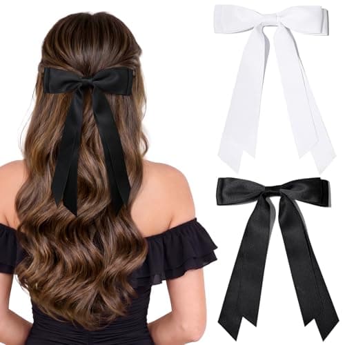 2PCS Silky Satin Hair Bows Hair Clip Black White Hair Ribbon Ponytail Holder Accessories Slides Metal Clips Hair Bow for Women Girls Toddlers Teens Kids
