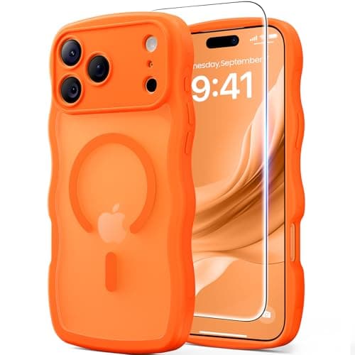 3 in 1 Magnetic for iPhone 17 Pro Max Case, Cute Wavy [Full Camera Protection][Fit for MagSafe] 1X Screen Protector+1X Wrist Strap, Anti-Slip Trendy Women Girly Case for iPhone 17 Pro Max 6.9", Orange