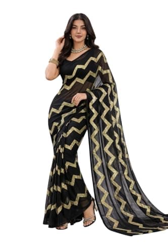 Svayi Women’s Georgette Golden Sequin Zigzag Embroidery work Saree for Wedding Festive Party Style Sari with Blouse Piece (SR1255-Black)