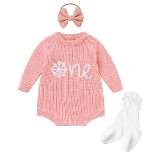 IMEKIS Winter Onederland 1st Birthday Girl Outfit: First Cake Smash Photoshoot Toddler Christmas December Baby Bubble Romper Sweater Long Sleeve Socks Clothes Sets Pink Snowflake One 9-12 Months