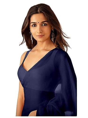 Sidhidata Women's Plain Pure Georgette Saree With Unstitched Blouse Piece (Rocky Aur Rani Ki Prem Kahani Alia Bhatt Saree) (Navy Blue)
