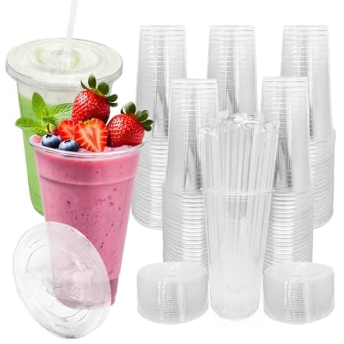 HELAOGUI [100 SETS] 32 oz Cups with lids, Plastic cups with lids and straws, iced coffee cup, suitable for takeout iced coffee cold drinks, smoothies, juices, parfaits, Frappuccinos, and milkshakes.