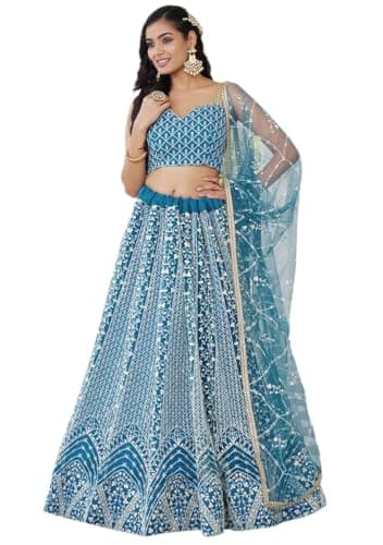 Indya Sky Blue Thread Sequin Embroidered Net Lehenga Set for Wedding | Spaghetti Strap | Indian Ethnic Wear