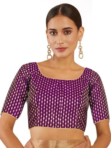 Chandrakala Women's Readymade Saree Blouse Elbow Length Sleeves,Wine Gold, Large (B225WIN4)