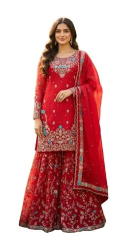 RoohVastra Ready to wear salwar kameez for women, Embroidered, Indian wedding, Pakistani, Eid suit R-5956 (Red, 36)
