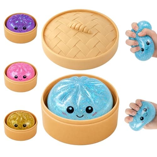 2026 Upgrade Dumpling Squishies, Squishy Toy with Steamer Box, Colorful DumplingStress Balls, Soft Slow Rebound Dough for Adults (Glitter Blue)