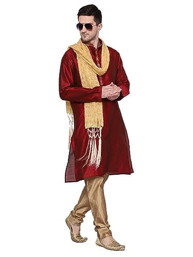 ITOS365 Men's Tunic Art Silk Kurta Pajama and Scarf Suit Set Indian Clothing Wedding Party Dress Gifts Items Maroon Small