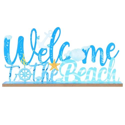 MEETYAMOR Coastal Beach Decor, Wood Metal Welcome to the Beach Sign for Table Decor, Farmhouse Rustic Nautical Ocean Decorations for Home, Living Room, Mantel, Shelf