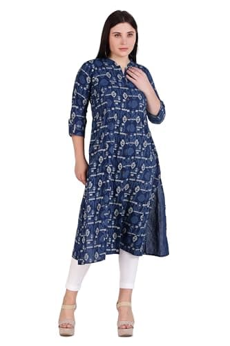 ladyline Women's Cotton Printed Tunic Top Front Slit Roll-Up Sleeves Buttons Down Neck Pocket Long Kurti Kurta (Denim-Blue-40)