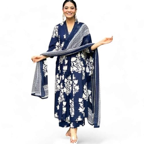 Kraphooli Women’s Cotton Anarkali Kurta Set with Dupatta | Floral Printed Ethnic Kurti Pant Set for Women | Summer Wear A-Line Kurta Suit | Blue, X-Large