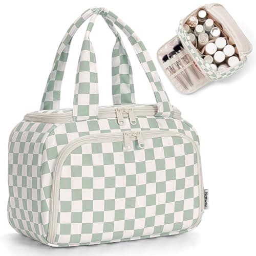 Narwey Checkered Travel Toiletry Bag for Women Large Makeup Bag, Wide-open Cosmetic Make Up Organizer with Handle, Travel Bag for Toiletries, Essentials, Accessories (Mint Green Checkerboard)
