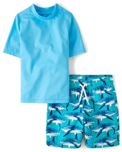 The Children's Place,Boys,Short Sleeve Rashguard and Swim Trunk 2-Piece Set,Sea Sharks,Large