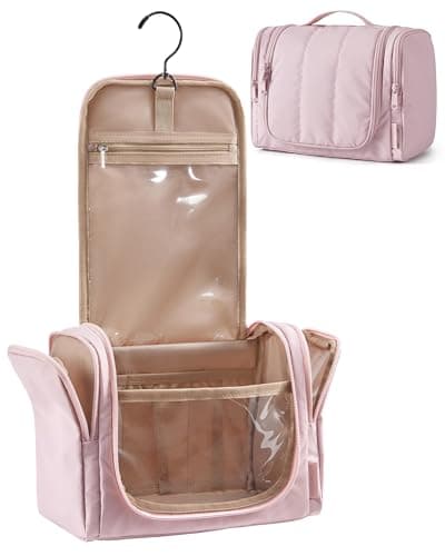 BAGSMART Travel Toiletry Bag for Women, Puffy Hanging Toiletry Bag with Hook, Water-resistant Toiletry Organizer for Full Sized Toiletries (Baby Pink)