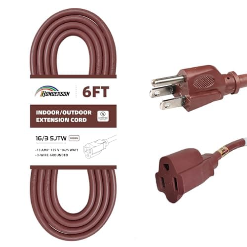 HONDERSON 6FT Brown Outdoor Extension Cord-16/3 SJTW Durable Extension Cord for Christmas Lights with 3 Prong Grounded Plug, Great for Outside Christmas Decorations