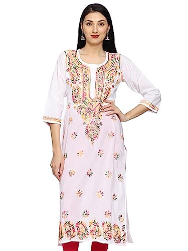Ada Hand Embroidered Indian Chikankari White Cotton Kurta Kurti Tunic for Women A207576 (2XL)