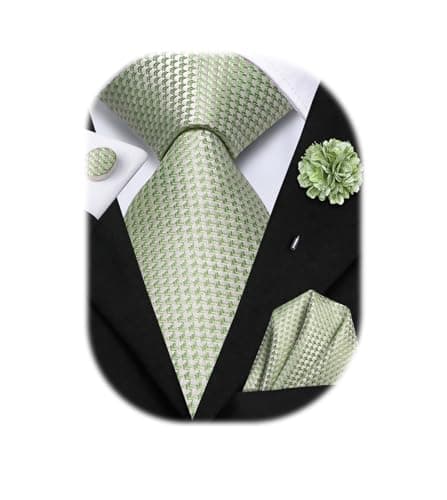 Hi-Tie Mens Light Green Silk Ties 5PCS Necktie and Lapel Pin Pocket Square Cufflinks Sets Formal Business Wedding