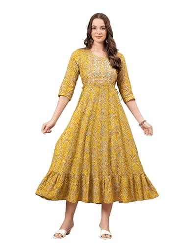 JG JAI GOVINDAM Women's Yellow Printed Anarkali Kurti – Indian Ethnic Wear | Festive & Casual Long Flared Kurta | Soft Fabric & Comfortable Fit (M)