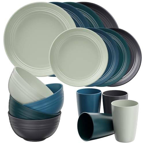 Quatish 16 Pcs Unbreakable Plates and Bowls, Plastic Dinnerware Sets for 4, Reusable Dish Set for Camping, Dishwasher Microwave Safe, Outdoor Kitchen and Apartment Dinning RV Essentials, Green