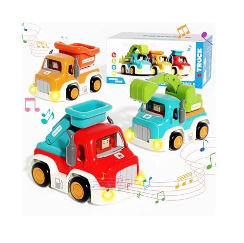 goeringii Toy Cars for Toddlers 1-3, Friction Powered, Light & Sound Toddler Car Toys with Mini Trucks (Excavator, Dumper, Fire), Early Educational Gift for Boys Girls (3 Pack)