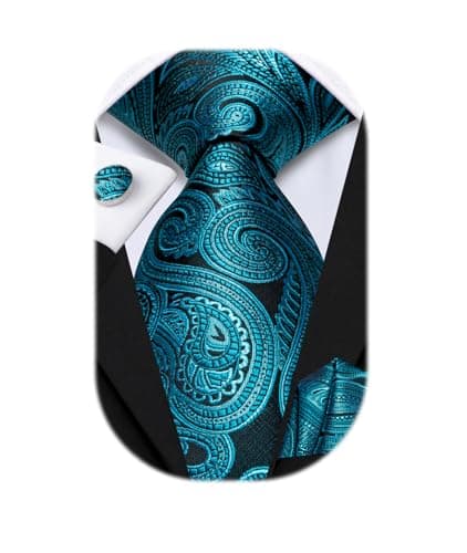 Hi-Tie Mens Black Teal Tie Sets Silk Paisley Striped Necktie for Men Pocket Square Cuff-links Sets Wedding Business Holiday