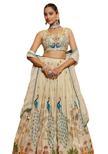 Indya Beige Sequins Work Silk Blend Lehenga Choli for Wedding | Sleeveless | Scoop Neck | Indian Ethnic Wear