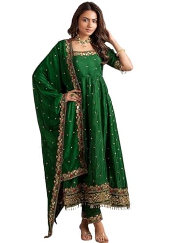 Indya Green Embroidered Silk Blended Anarkali Set – Embroidered for Festive | 3/4 Sleeve | Square Neck | Indian Ethnic Wear
