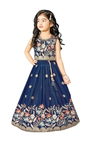 qoulrin Girls Ethnic Wear Heavy Soft Chinon Silk Flower Printed Readymade Lehenga Choli Set (Blue, 4-5 Years)
