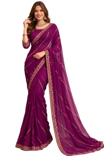 Svayi Women’s Georgette Floral design Golden Sequins Embroidery diagonal patterns Work Saree for Wedding Festive Party Style Sari with Blouse Piece (SR1252-Magenta)