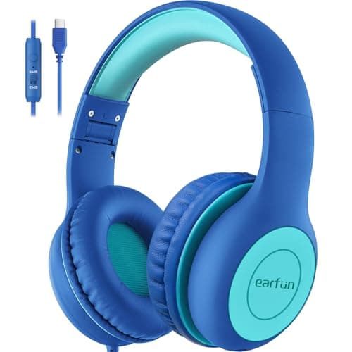 EarFun Kids Headphones Wired with Microphone, USB Type C Headphones for Kids, 85/94dB Volume Limit, Portable Wired Headphone with Shareport, Stereo Sound Foldable Headset for School/Tablet/PC, Blue