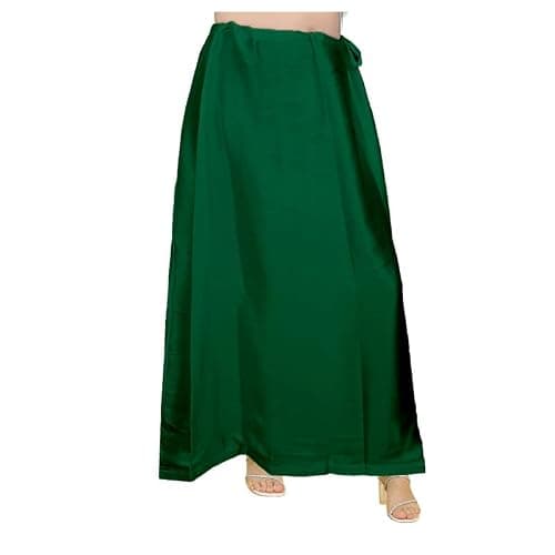 EDZZEL Women's Satin Silk Full Petticoat Saree Underskirt Inskirt Adjustable Drawstring Waist Solid Color (Bottle Green)