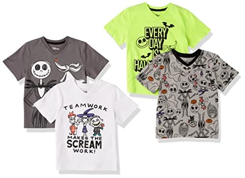 Amazon Essentials Disney | Marvel | Star Wars Toddler Boys' Short-Sleeve V-Neck Cotton Jersey T-Shirts, Pack of 4, Nightmare Doodle, 4T